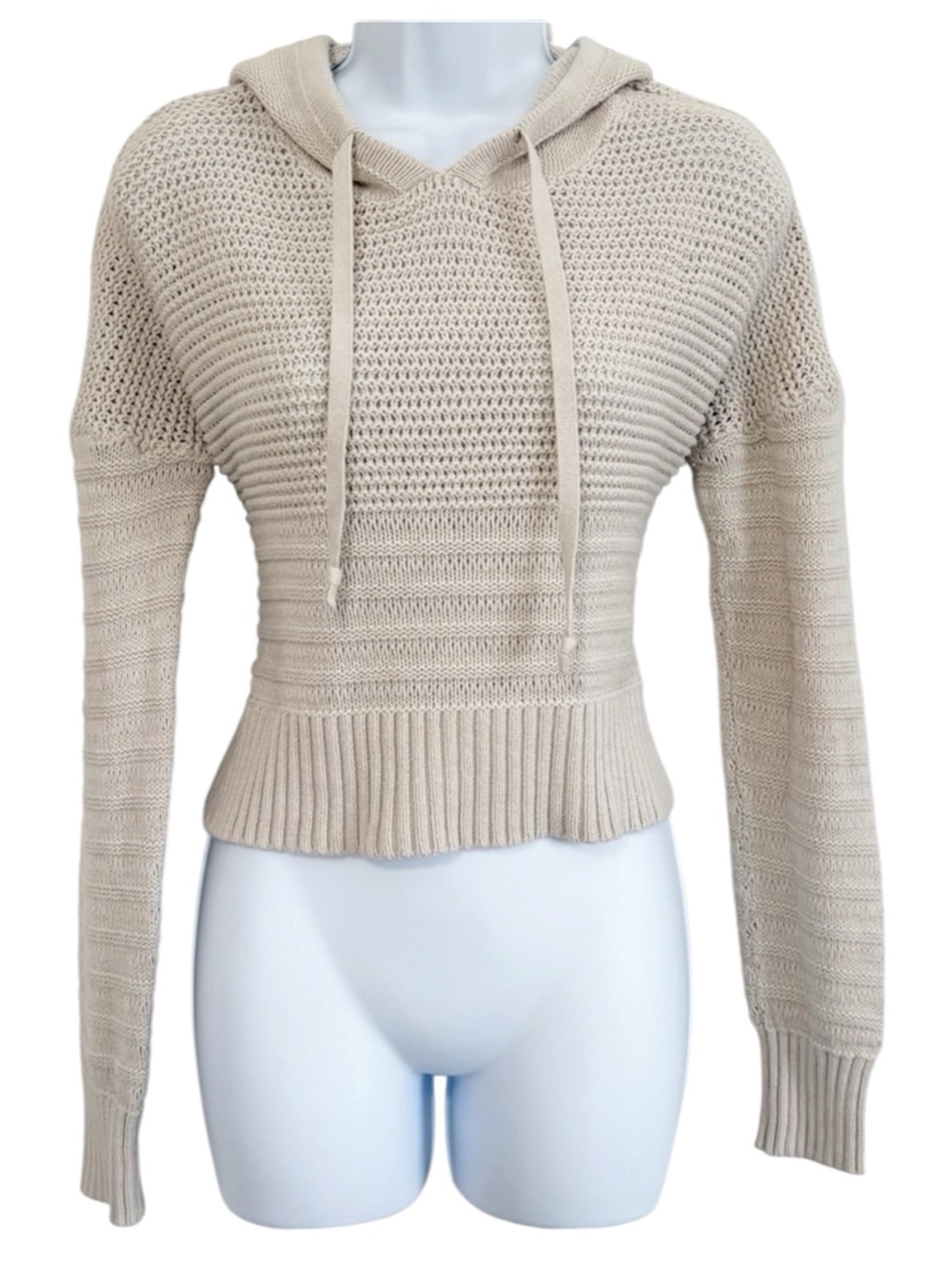 LUCKY BRAND Textured Knit Hoodie Sweater Beige Cropped Cotton Blend Small
